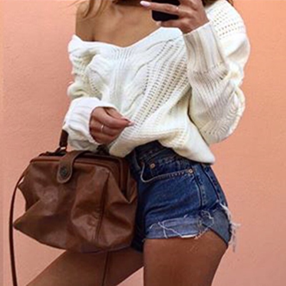 💕Happy Friday Sexy White V Neck Cozy Sweater - Picture 3 of 8